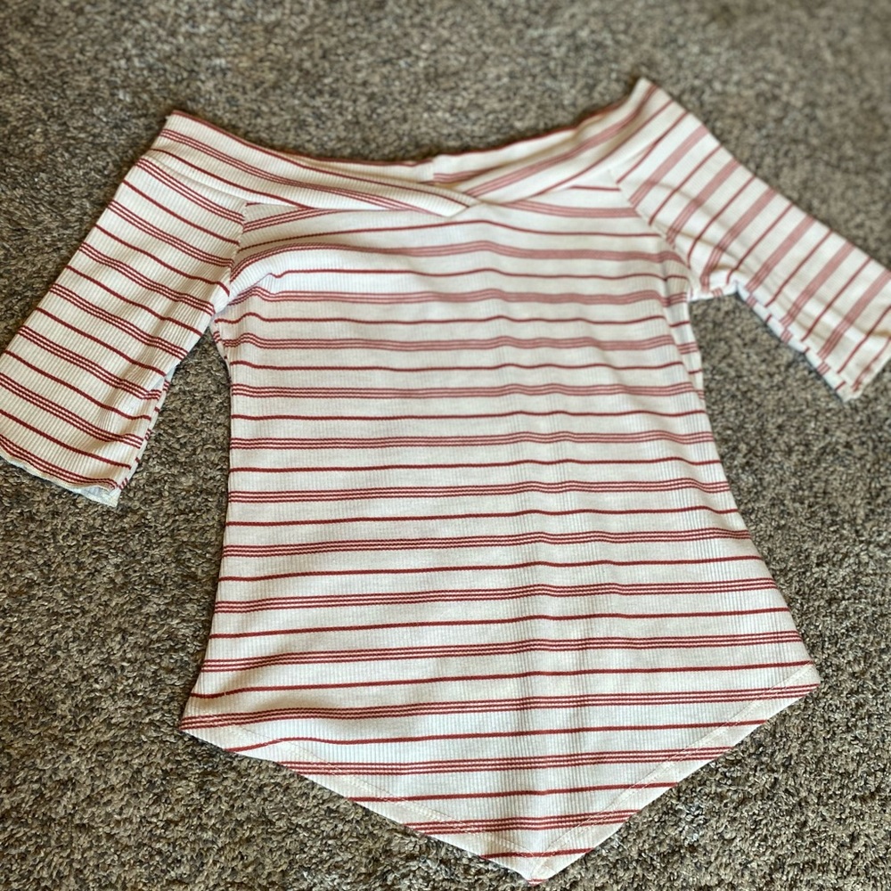 A off shoulder red and and white stripe blouse